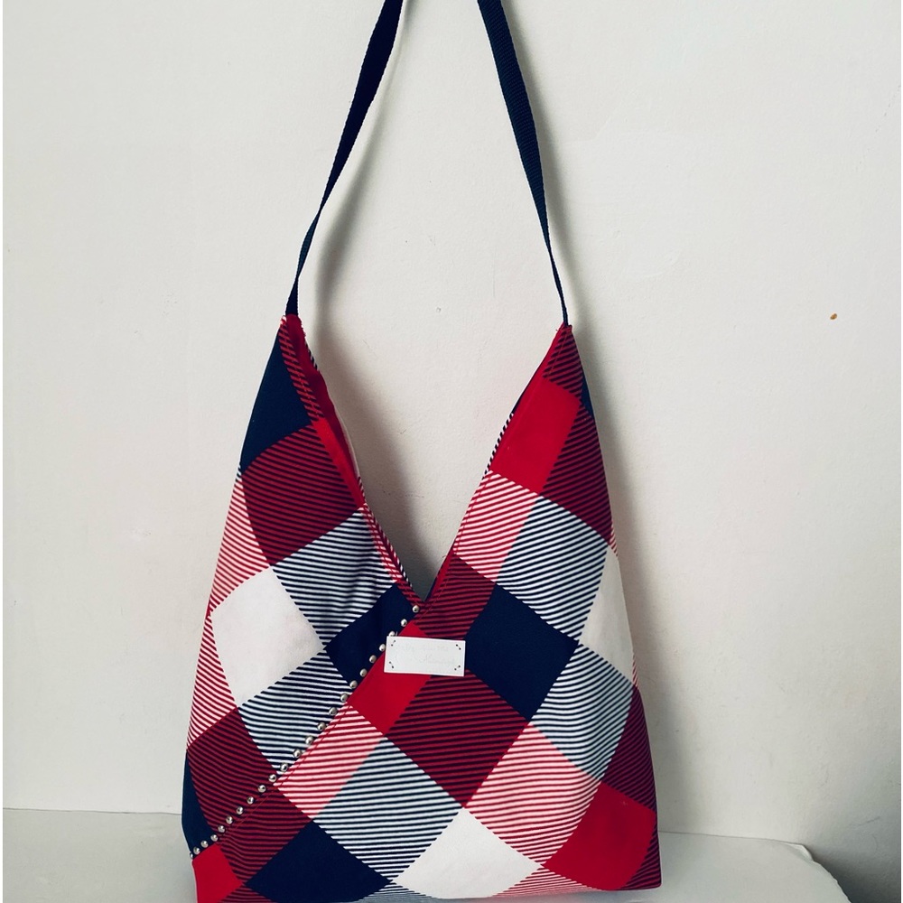 Beautiful Red Plaid Shoulder Bag Fabric Handmade With Studs 15”x10”x2”D